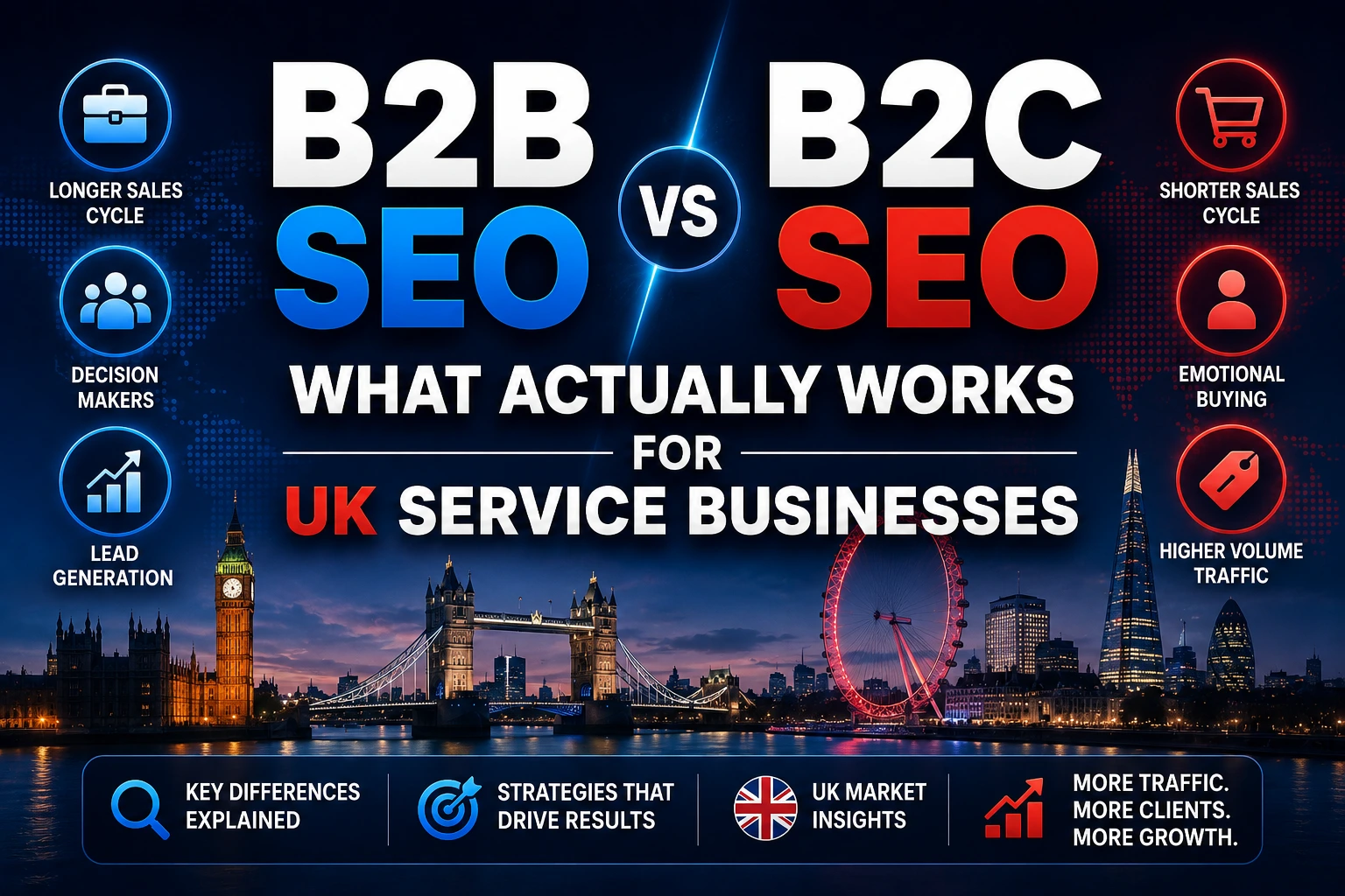 B2B SEO vs B2C SEO strategies for UK service businesses with search rankings analytics and digital marketing dashboard