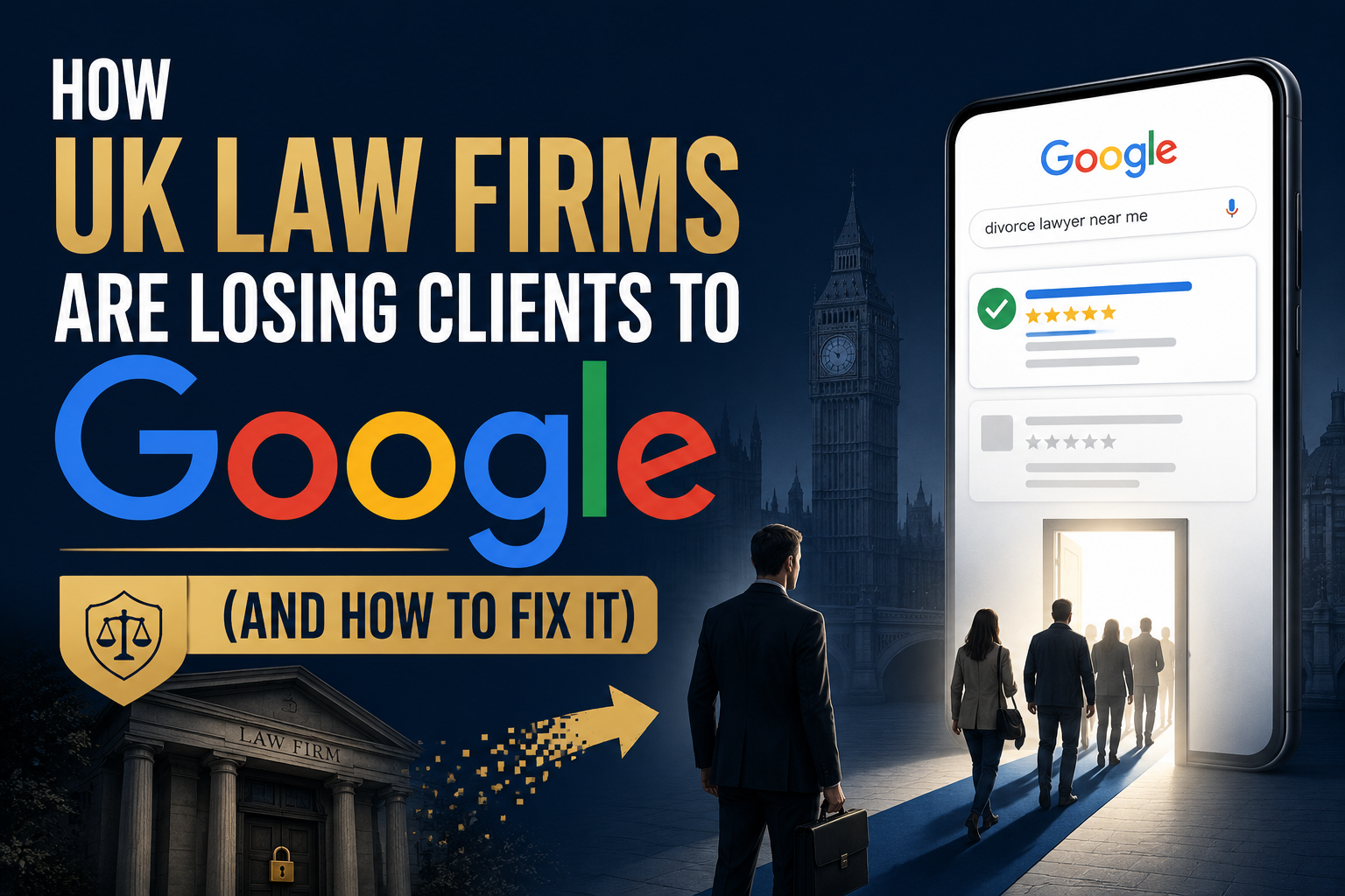 UK law firms losing clients on Google search due to poor SEO visibility and digital marketing strategy with ranking decline illustration